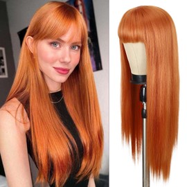 Lady Hanne Long Straight Wig With Bangs Orange Silky Straight Hair Wigs for Women 26 Inch Synthetic Heat Resistant Fiber Wig for Cosplay Daily Party Use