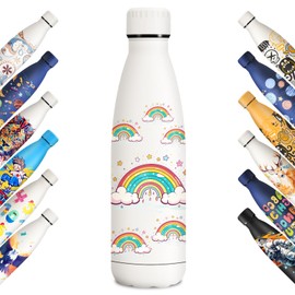 KollyKolla Water Bottle 500 ml, Thermos Flask with Pattern, Insulated Flask, BPA-Free, Leak-Proof, Vacuum Thermos Flask, Water Bottle for Sports, Adults, Children, Football, University, Rainbow White