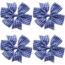 School Gingham Cross Hatch Hair Bows Clips Slides Grips 3" inch Solid Vibrant Colours Hairbows 4 Pack (Navy)