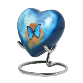 THE ASCENT MEMORIAL Blue Butterfly Small Love Heart Urn for Human Ashes Remains - Funeral Gift Set of Mini Heart Urn - Display Stand - Velvet Carry Bag - A Paper Funnel - Magnetic Closure Gift Box
