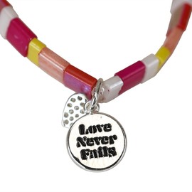 Kerusso Grace & Truth Love Never Fails Heart 1 Corinthians 13:8, Pink/Yellow/White 7 Inches Acrylic Women's Everyday Stretch Bracelet
