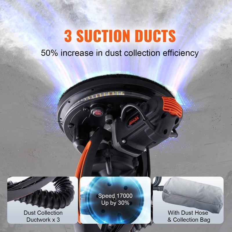 VEVOR Electric Drywall Sander 900W, Self-Suction & Variable Speed 800-1800
