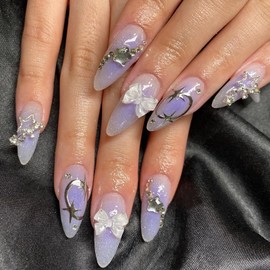 24Pcs Almond Press On Nails，Almond Shaped Press On Nails，Almond Nails Press On Medium Almond Nails Purple Glitter Fake Nails with White Bow&Star Charm Designs Artificial Nails Stick on Nails For Women
