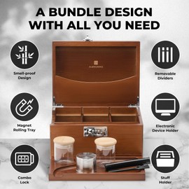 GLENCREAG Stash Box with Rolling Tray, Smell Proof Large Bamboo Storage Box with Lock, Decorative Set Includes Glass Jars & Grinder, Gift for Men Women
