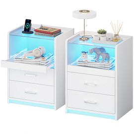 VIAGDO White Nightstand Set of 2 with Charging Station and LED Lights, 2 Drawers LED Night Stand with Tempered Glass Tabletop, Modern End Side Tables with Pull-Out Tray, Open Storage Bedside Tables
