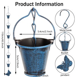 BloVine Rain Chain for Outsidewith 1 Adapter,Wrought Iron Rain Chains 9 FT Set,Rain Chains for Gutter with Rain Chain 16 Cup and Decorative Butterfly(Retro Blue)