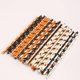 Halloween Paper Straws Decorations - 50Pcs Black Orange Drinking Straws Halloween Party Straws in Ghost/Pumpkins/Skull Pattern Halloween Drink Accessories for Halloween Home Bar Table Party Supplies