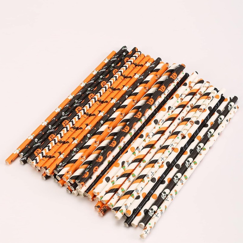 Halloween Paper Straws Decorations - 50Pcs Black Orange Drinking Straws