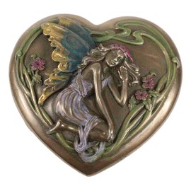 Ebros Gift Resting Fairy by The Pond Heart Shaped Decorative Jewelry Box Figurine Fantasy Myth Legend Faery Garden FAE Pixies Vanity Boudoir Accessory Stash Boxes
