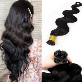 Curly I Tip Extensions for Black Women Real Human Hair 20inch 50g/pack 50Stands Keratin I Tip Hair Extensions Pre Bonded Microlinks Hair for Black Women Invisible Body Wavy Stick Hair Bundles