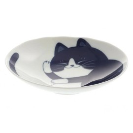 SET of 2 Japanese Porcelain Oval Dinner Dish Plate Blue Tuxedo Cat 7.75" x 6.25"