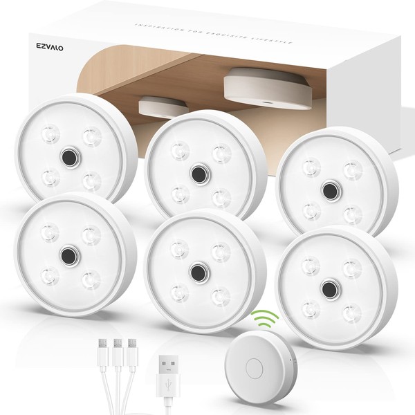 EZVALO Puck Lights with Remote Control, Rechargeable LED Battery Operated, Wireless, Group Control, Dimmable Under Cabinet/ Counter Lighting Closet Light (6 Pack)