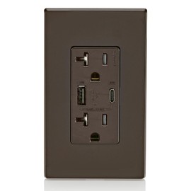 Leviton T5834-B 60W (20V@2.5A+ 5V@2A) USB Dual Type A/Type-C Power Delivery in-Wall Charger with 20A Tamper-Resistant Outlet, USB Charger for Smartphones, Tablets, Laptops, Brown