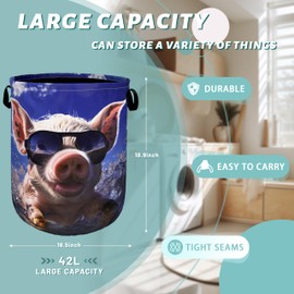 Summer Pig Laundry Hamper Foldable With Handles Cute Animal Tote Bag Oxford Cloth Funny Laundry Basket Clothes Toy Storage Bucket 18.9" x 16.5" For Bathroom/Laundry/Bedroom