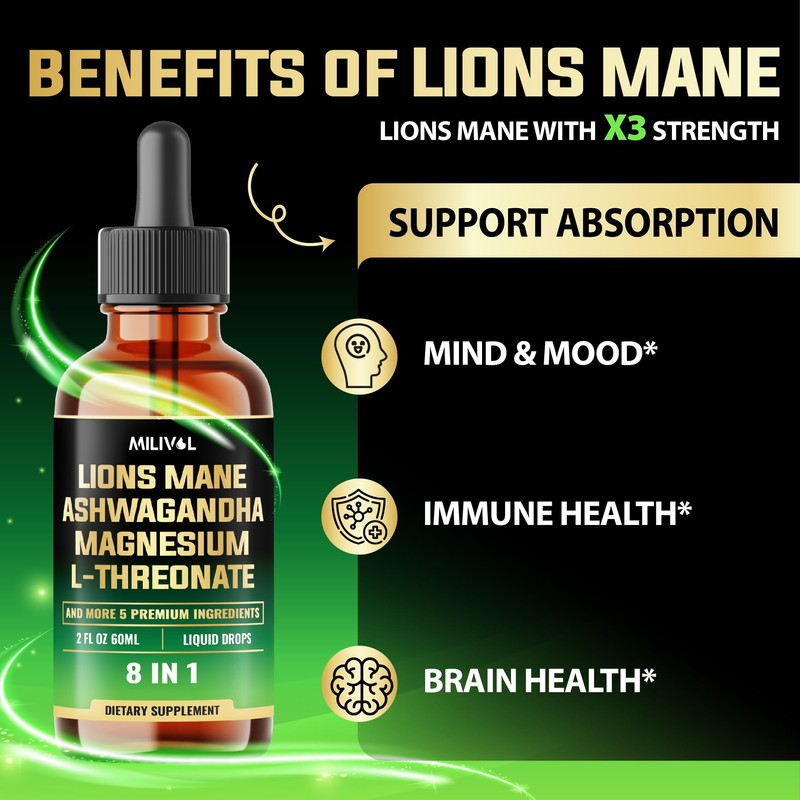 MILIVOL 8in1 Lions Mane Liquid Drops with Ashwagandha Root, Magnesium