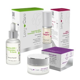LOVY CARE Kit de Cuidado Facial Completo, 1 Sérum Coenzima Q10, Ceramidas y Té Verde + 1 Crema Hidratante con Colágeno + 1 Sérum Antiojeras con Cafeína y Pepino, Piel Radiante y Rejuvenecida