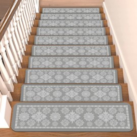 Stair Treads for Wooden Steps Set Boho Grey Non-Slip Carpet Stair 15PCS 30"X8" Indoor Stair Runners Resistant Rugs Rubber Backing Stair Treads Safety Mats for Kids & Elders and Dogs