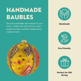 Adah Handmade Upcycled Bauble | 8cm Yellow with Gold Brocade | Pops of Pink and Purple | Unique Christmas Ornament | Eco-Friendly Décor | Sustainable Elegant Tree Decoration