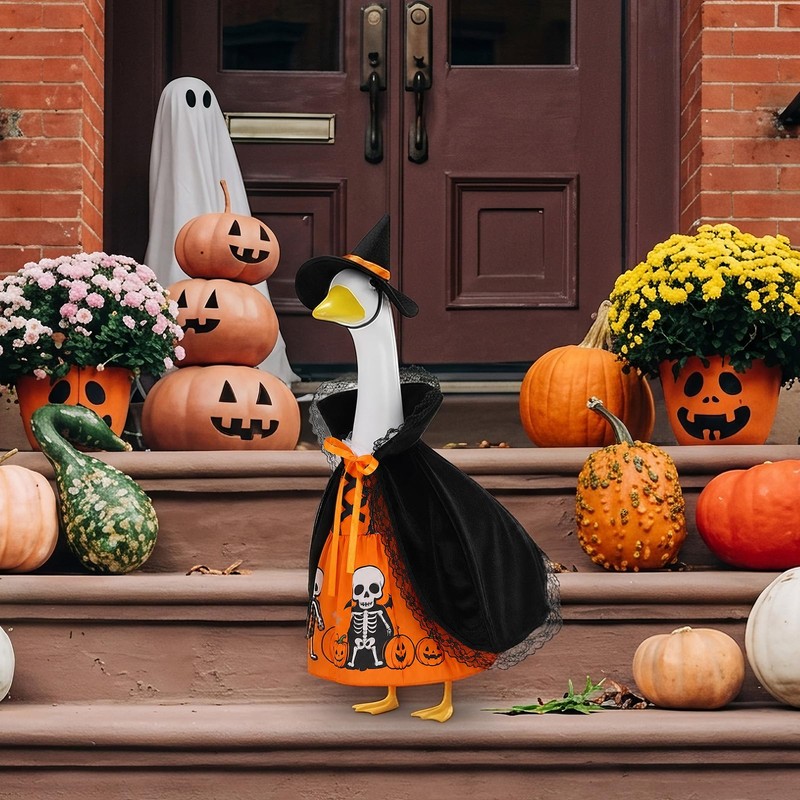 3Pcs Halloween Porch Goose Outfit Pumpkin Dress Witch Cape Hat