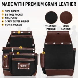 FUERI Tool Belt Men Heavy Duty Nylon Leather Tools Belts Carpenter Bags Electrician Pouches Organizer for Construction Framing (Black & Brown, 30 to 52 Inches Waist)