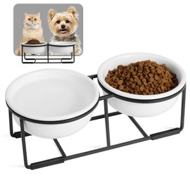 Ceramic Elevated Dog Bowl Set - Double Dog Food and Water Bowls with Metal Stand - Raised Pet Dishes for Puppies and Cats - 1 Cup - 13.5 fl oz - Matte White