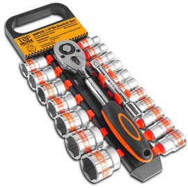 pgroup 20 PCS 1/2" Drive Metric Socket Wrench Set,1/2 Reversible Ratchet Handle，6 Point Shallow Sockets (8-32mm) and Extension Bar 5", CR-V Steel, Car Repair Set