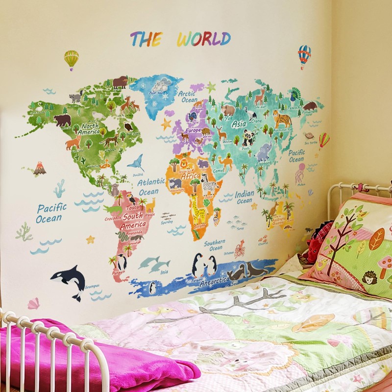 Animal World Map Kids Wall Stickers Kids Girls Boy Baby