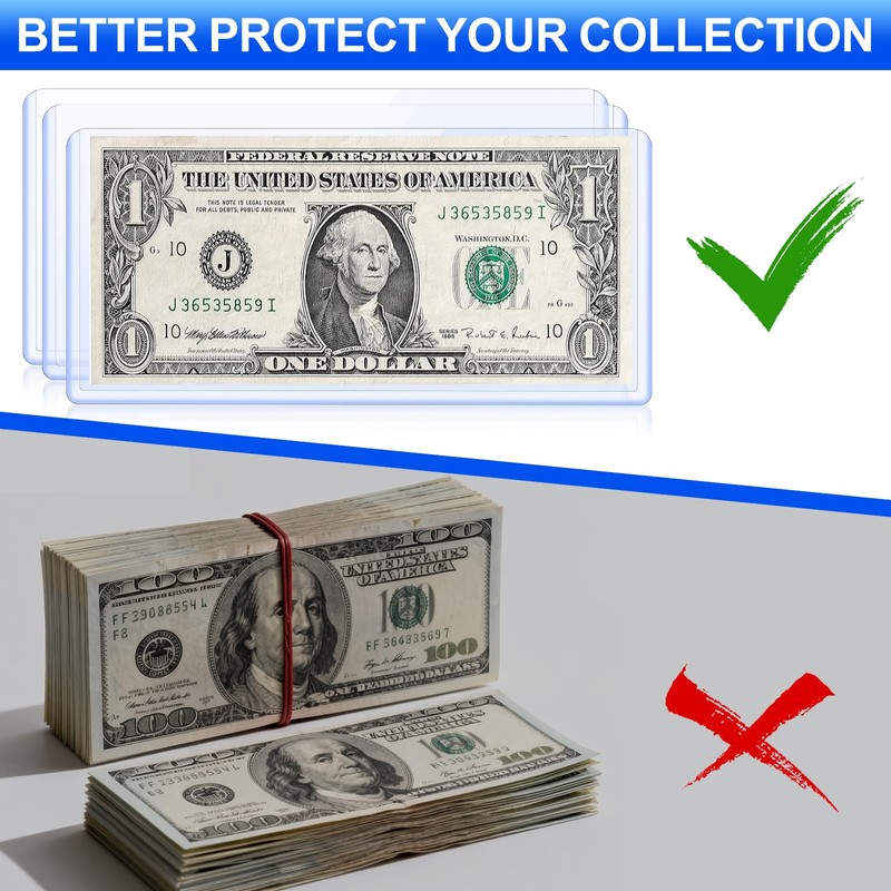 30 Pack Dollar Bill Sleeves, 6.8x2.9 Inch Clear Currency Sleeves