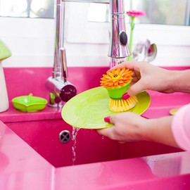 Vigar Flower Palm Dish Scrub Brush with Holder, Perfect Kitchen Brushes for Dishes, Sink Brush and Cleaning Brushes for Household Use, Orange, Green