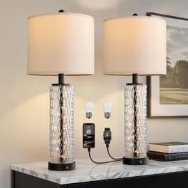 Oneach 27.75” Table Lamps Set of 2, Black Modern Bedside Lamp with LED Night Light, USB A+C, Glass Lamps for Living Room, Bedroom, Nightstand, Office, End Table (2 Bulbs Included)