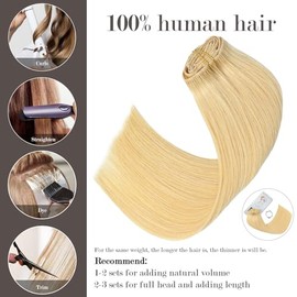 Honsoo Extensiones de cabello humano real con clip, rubio decolorado, 45 cm, 70 g, 7 unidades, cabello rubio liso y sedoso.