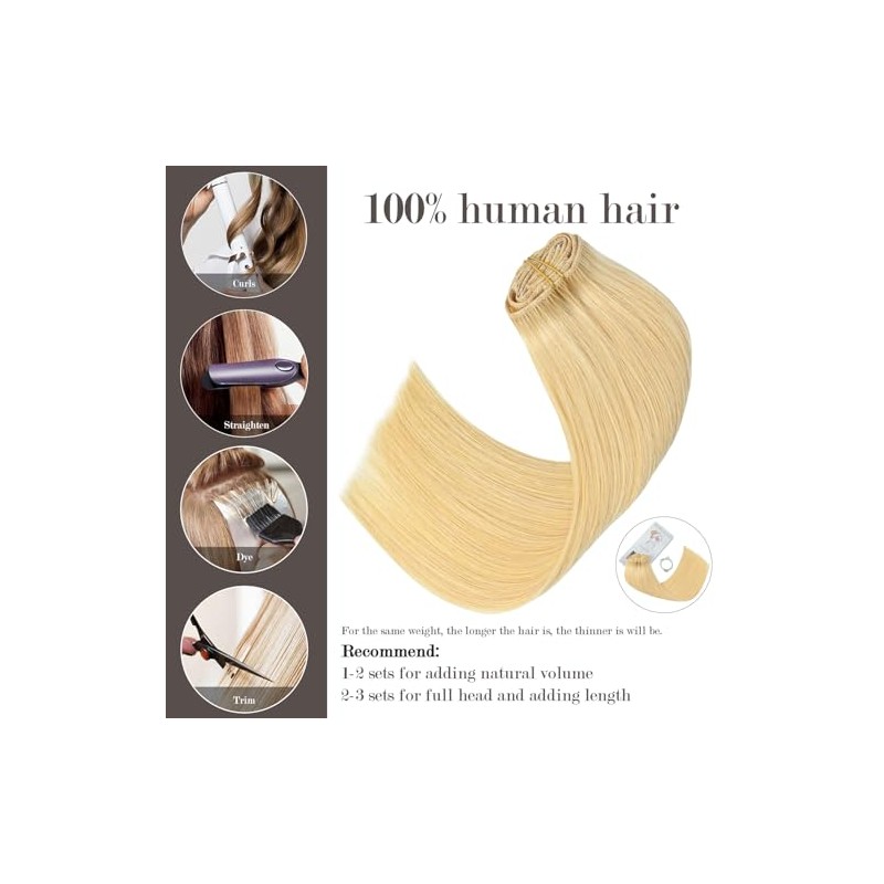 Honsoo Extensiones de cabello humano real con clip, rubio decolorado,