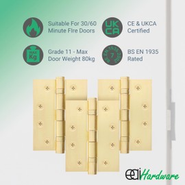EAI Brass Door Hinges | 4 Inch / 102mm Satin Brass Internal Fire Door Hinges | 1.5 Pairs