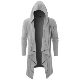 GIVON Mens Hooded Cardigan Ruffle Shawl Collar Drape Cape Overcoat with Pockets & Oversized Hood / DCC145-GREY-XL