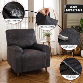 JOKIVTOU 1/2/3 Seats Leather Look 100% Waterproof Recliner Slipcovers 4/6/8 Pieces Stretch Reclining Sofa Chair Covers Washable Couch Cover Furniture Protector (Black, 1Seater)