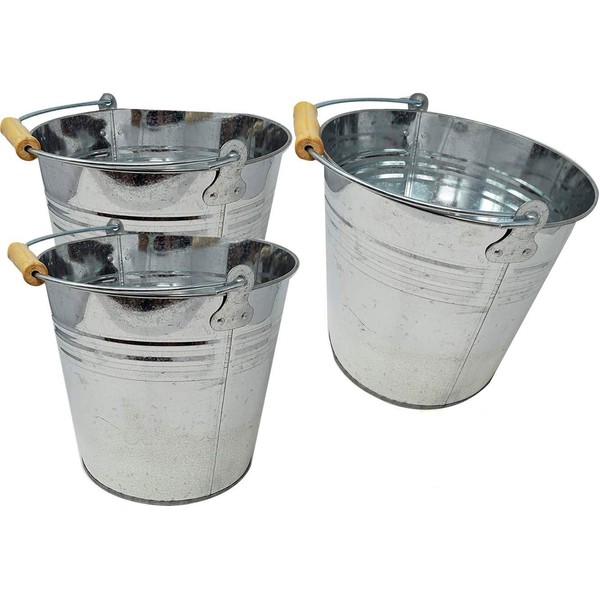 Large 2 Gallon Metal Bucket (3 Pack) Pail Tins Silver W/Wood Handle for Gifts Basket, Ice, Beer or Candy – 10” top x 9” h x 7.5” Bottom