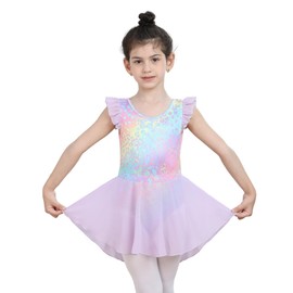 Stylish Girls' Ballet Leotard with Skirt - Elegant Flutter & Ruffle Sleeves, Comfortable Stretch Fit, Perfect for Dance, Lavender Size 5-6T