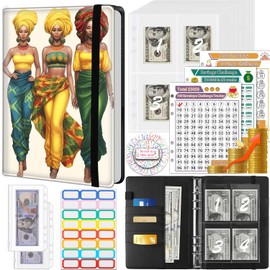 Money Saving Binder, 100 Envelopes Money Saving Challenge, Cash Envelopes Budget Binder & 3 Budgeting Planner Trackers, PU Leathers A5 Money Saving Planner Book，African American Women Girl