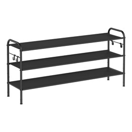 SONGMICS Shoe Rack, 3-Tier Shoe Organizer, Fabric Shoe Shelf Storage with 4 Hooks, Holds up to 18 Pairs of Shoes, Height-Adjustable Shoe Rack for Entryway, Hallway, Closet, Easy Assembly, Ink Black