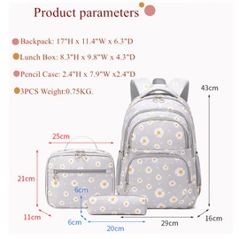 YJMKOI 3Pcs Daisy Prints Backpack for Girls Middle-School Elementary Students Bookbag Set with Lunch Box (Black)