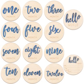 7 PCS Baby Monthly Milestone Wooden Signs 3D Girl Baby 1-12 Months Announcement Card Sign Wood Markers Disc Block Baby Keepsake Double Sided Engraved Keepsake Photo Prop (Dark Blue)