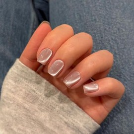 SXVME Uñas postizas cuadradas cortas con efecto ojo de gato, color rosa nude, acrílicas, con pegamento, opacas y con purpurina (30 unidades) para muje
