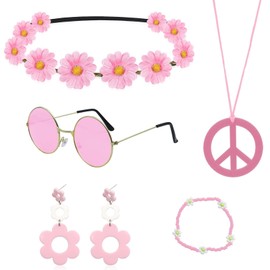 Gzcnsel Complete 6-Pcs Hippie Dress-Up Set – 70s Boho Party Accessories with Pink Daisy Headbands, Peace Sign Necklaces & Round Sunglasse