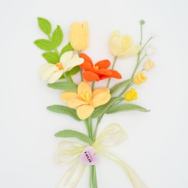 Handmade Crochet Flowers, Crochet Tulip Flowers with Leave and Long Stem, Assorted Colors (Yellow Orange Tulip Bouquet, 1)