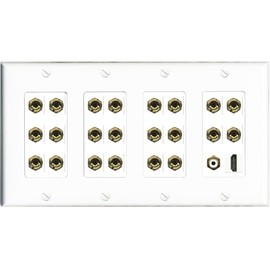 RiteAV 4 Gang 11.1 Surround Sound Speaker Banana Wall Plate with HDMI and RCA Female to Female Connectors - White