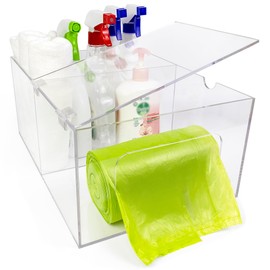 AKU INTL. 2 in 1 Acrylic Trash Bag Dispense and Storage Organizer, Multi-Compartment Holder for Garbage Bags and Cleaning Supplies Trash Bag Tissue Box Dispenser for Kitchen, Laundry Rooms, Bathrooms