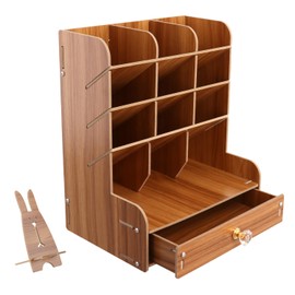 QWORK Wood Desk Organizer with 12 Compartments and Drawer, Durable, Glossy Varnished Storage for Stationery and Personal Items, Efficient for Classroom and Home Use