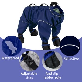Waterproof Dogs Boots Anti Slip with Reflective Straps, Pets Boots with Suspenders for Snow and Rain Days Small to Medium Dogs, One-Piece Design Paw Protectors for Walking Grassland, Blue (L)