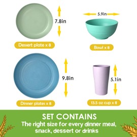 Teivio 32-Piece Kitchen Plastic Wheat Straw Dinnerware Set, Service for 8,Dinner Plates, Dessert Plate, Cereal Bowls,Cups,Unbreakable Colorful Plastic Outdoor Camping Dishes for Patio,Hues Multicolor