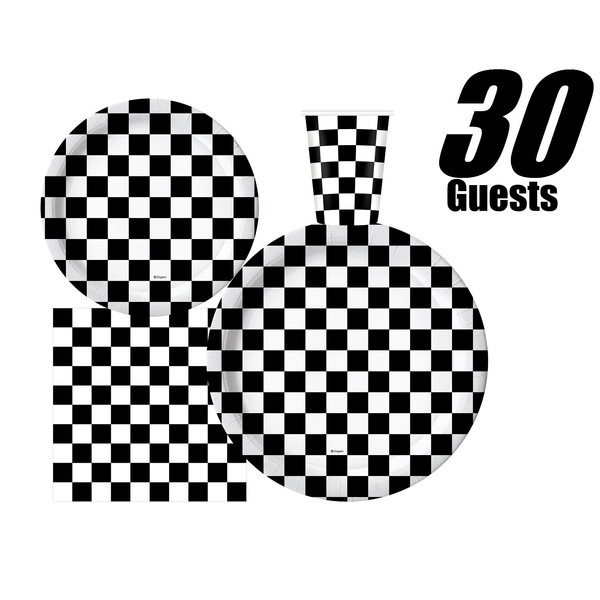 Serves 30 | Complete Party Pack | Black and White Checkered | 9" Dinner Paper Plates | 7" Dessert Paper Plates | 9 oz Cups | 3 Ply Napkins | Race Car Party Theme